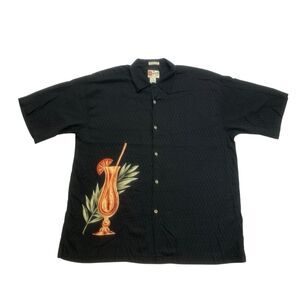 Vintage Hilo Hattie Hawaiian Shirt Mens XL Black Rayon Short Sleeve Button Up